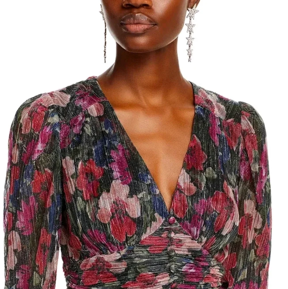 Aqua Long Sleeve Metallic FloralMulticolor Floral Dress Size M - Picture 5 of 7